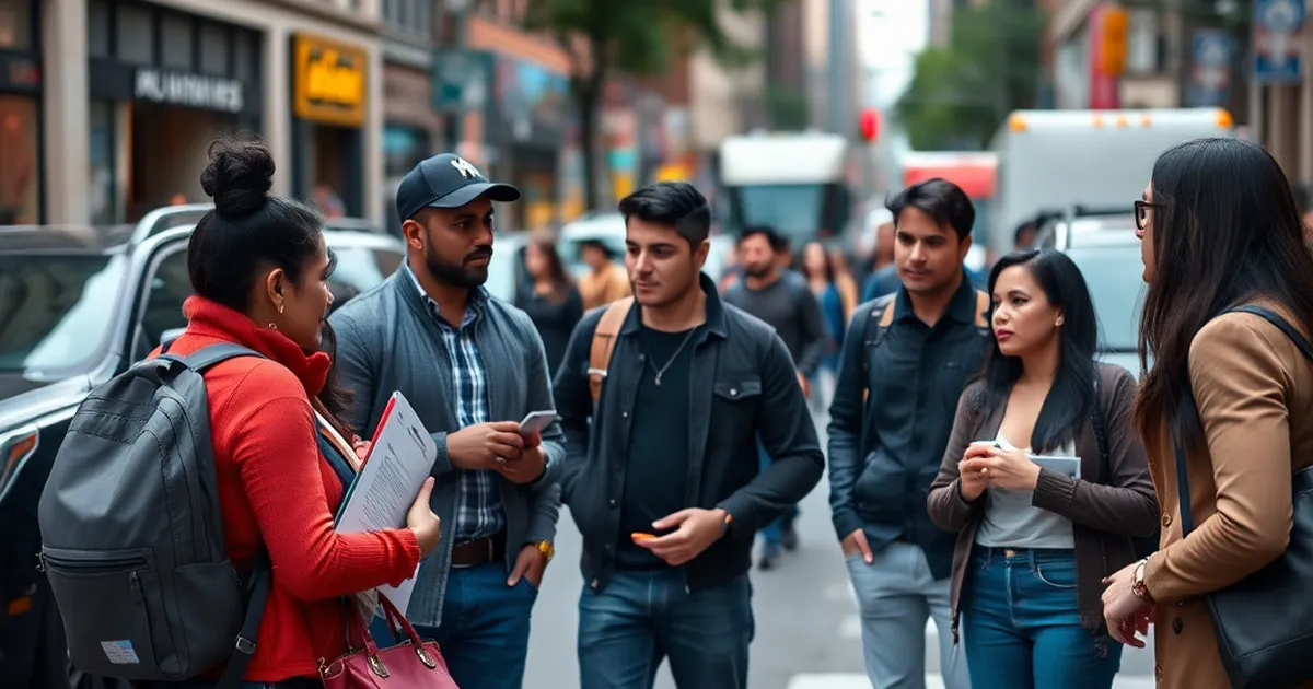 Grupo de personas latinas discutiendo sobre leyes de tráfico en Nueva York